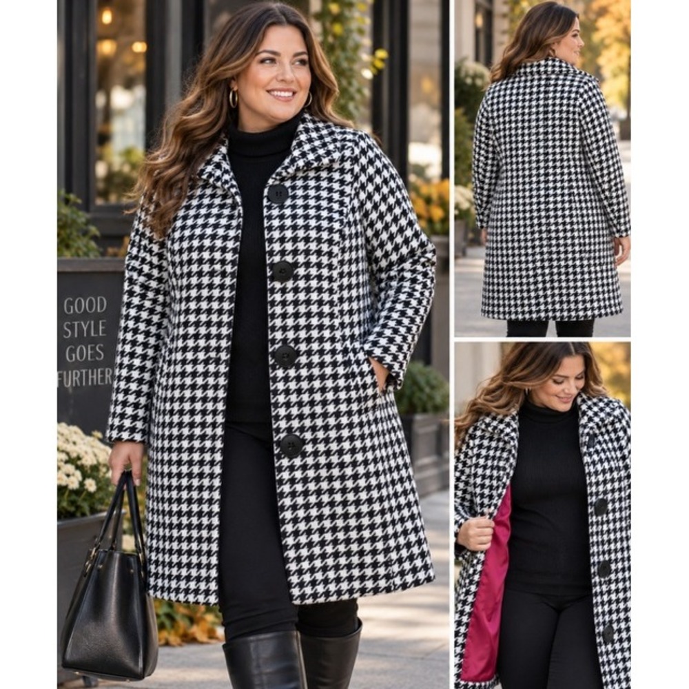 Lane Bryant Women Black White Houndstooth Car Coat Pink Lining 22/24 S710503-07